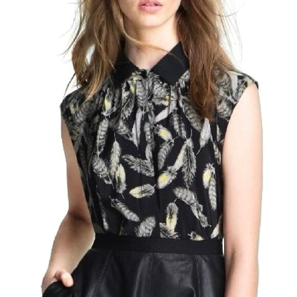 MISS WU Jason Wu Bella Silk Button Up Sleeveless Blouse SZ 4 Black Feather Print - Picture 1 of 9